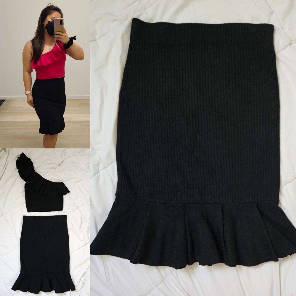 Express High Waisted Black Ribbed Ruffle Pencil Midi Skirt